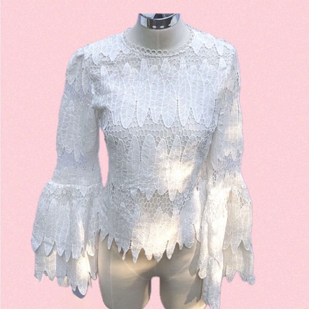 Ina White Scalloped Lace Bell-Sleeve Blouse